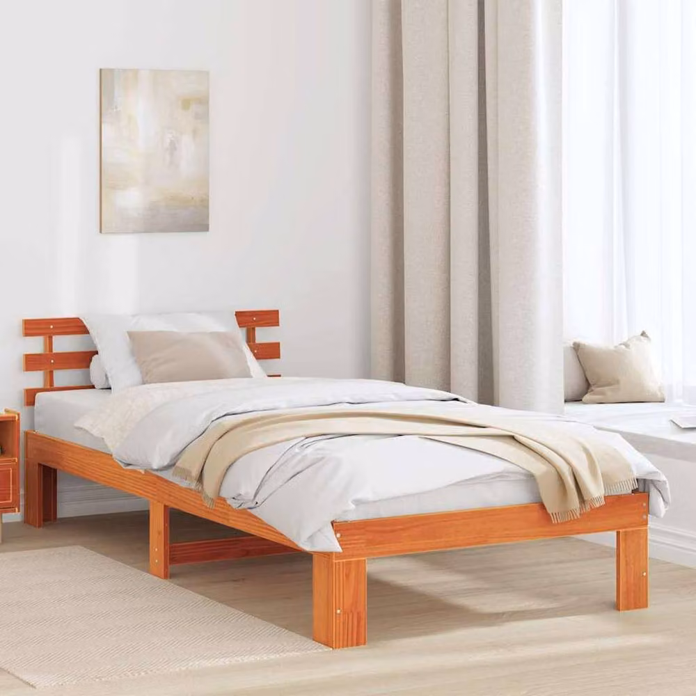 Berkfield Home Single Solid Pine Wood Bed Frame in Waxed Brown – 2