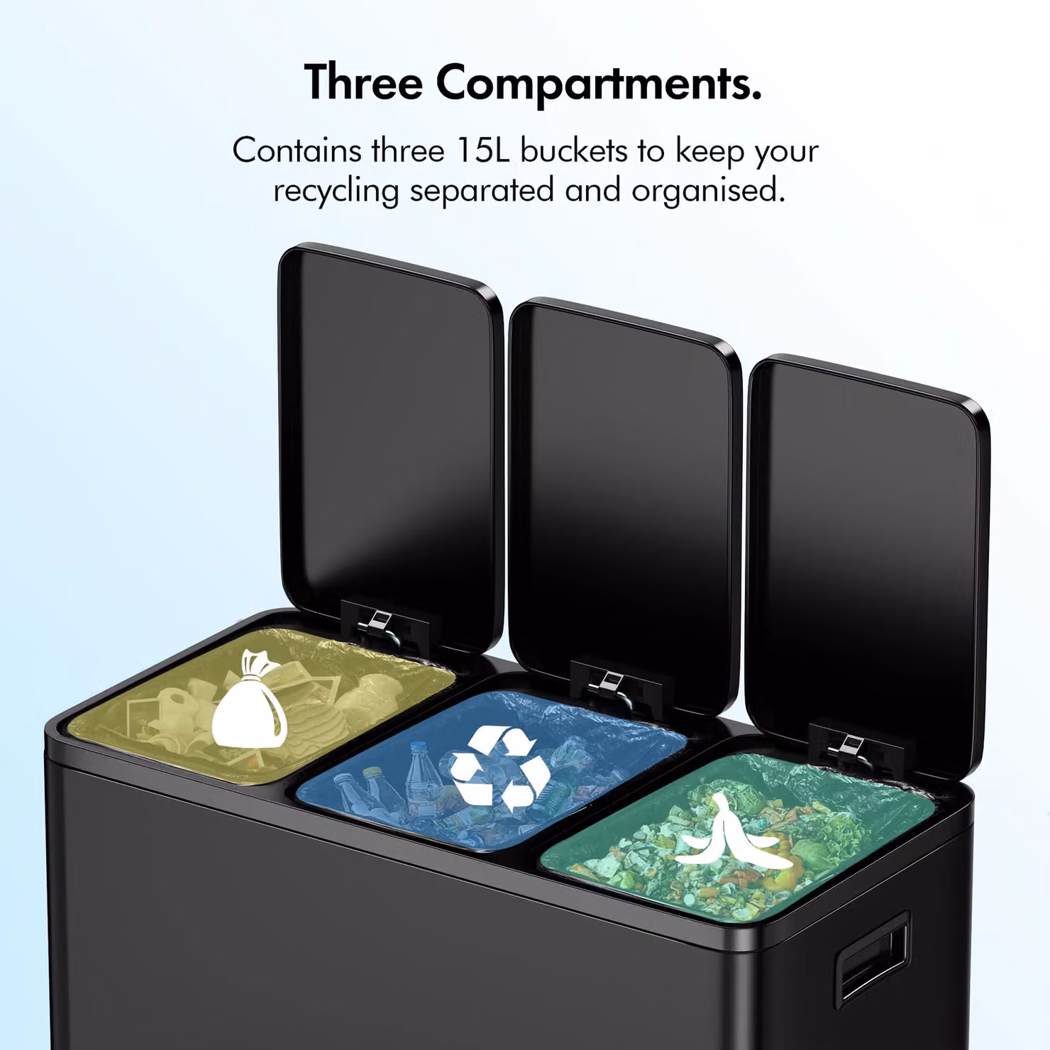 VonHaus 45L 3 Compartment Waste and Recycling Kitchen Bin in Black (3 x 15L) – 3