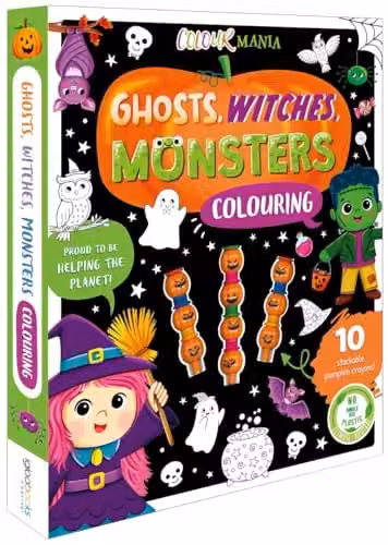 Igloo Books Ghosts, Witches, Monsters Colouring Kit with 10 Stackable Multicolour Crayons