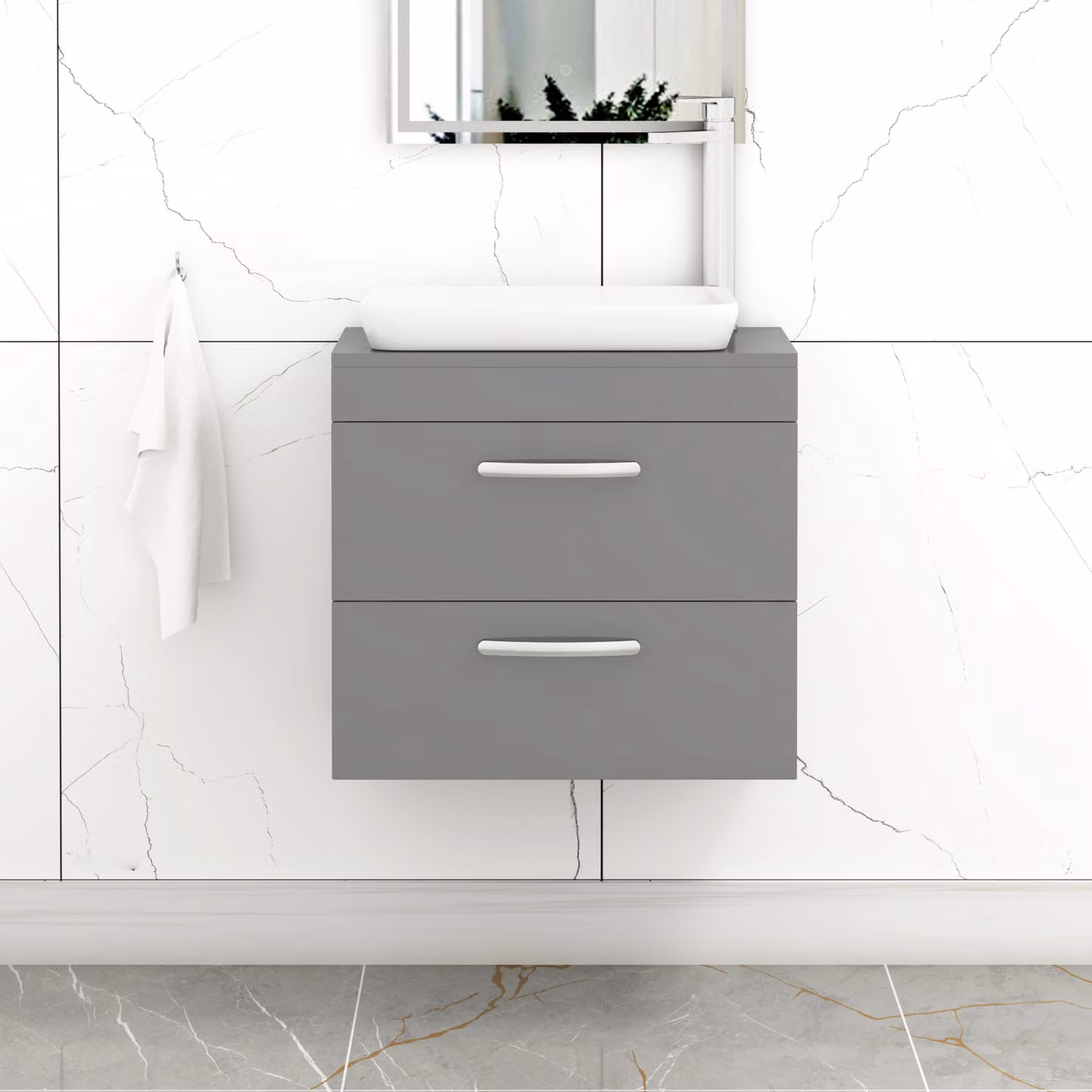 Royal Bathrooms Turin 500mm Wall Hung Vanity Unit with 2 Drawers and Countertop Basin in Indigo Grey Gloss