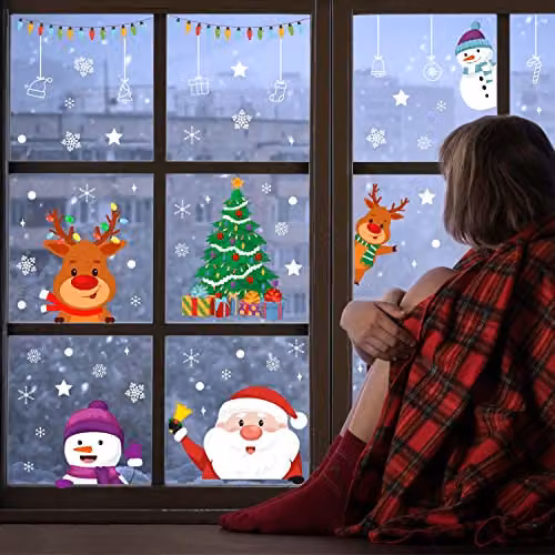 WALPLUS Christmas Window Stickers, 55 Piece Reusable Double-Sided Peeking Santa and Friends Decals for Glass Home Décor, Multicolour – 2