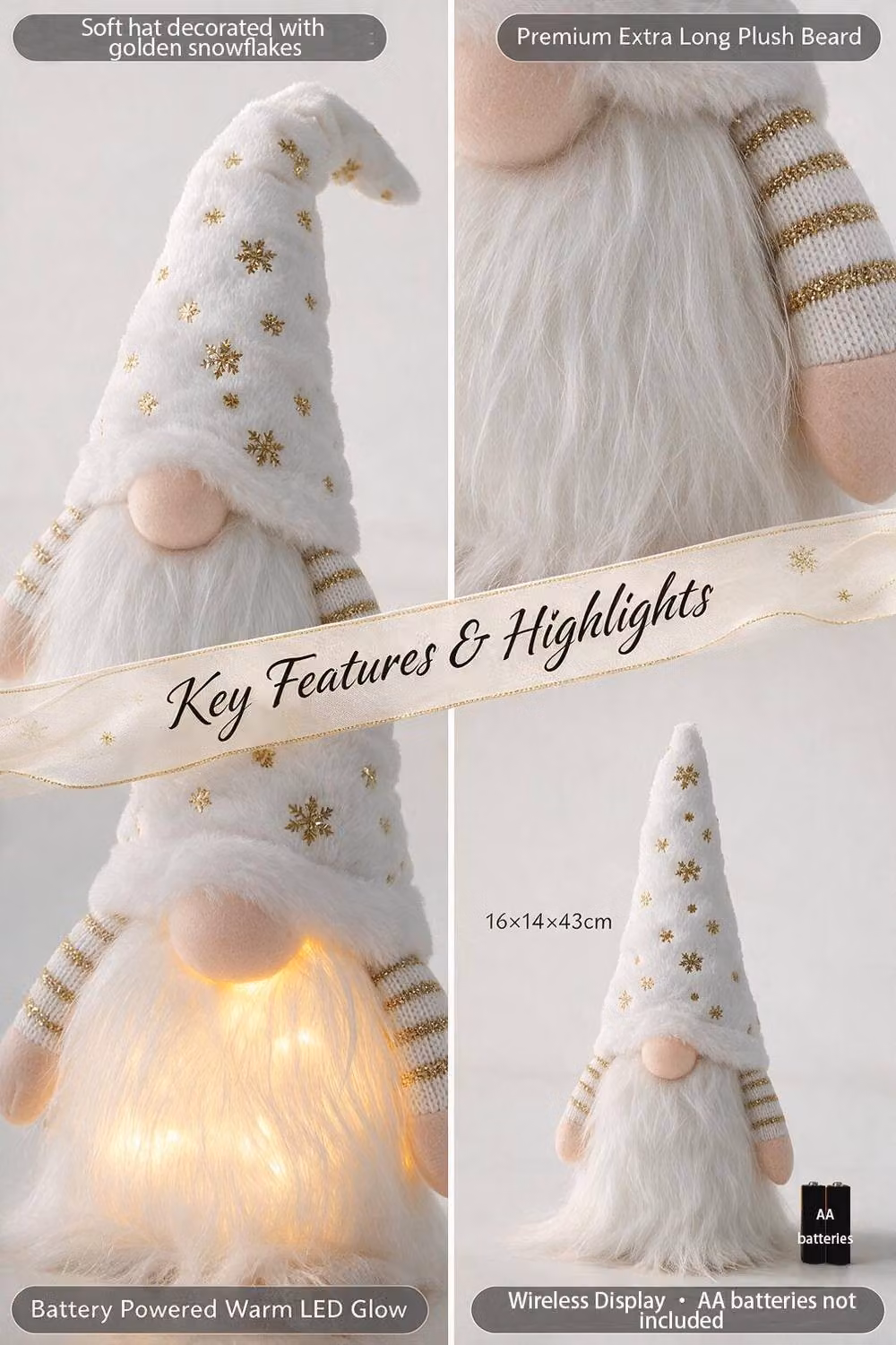 ExtraStar Lighted Christmas Tree Topper Gnome Decoration in White and Gold – 5