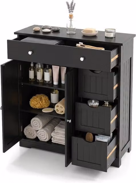 Costway Modern Black Bathroom Floor Cabinet with 4 Drawers and 2 Hinged Doors – 1