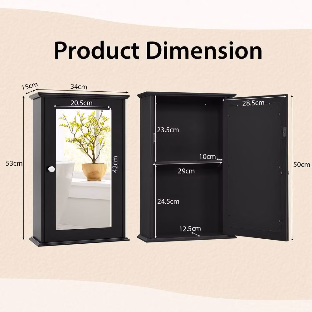 Gymax Black Lacquered Wall Mounted Medicine Cabinet with Mirror and Internal Shelves – 2