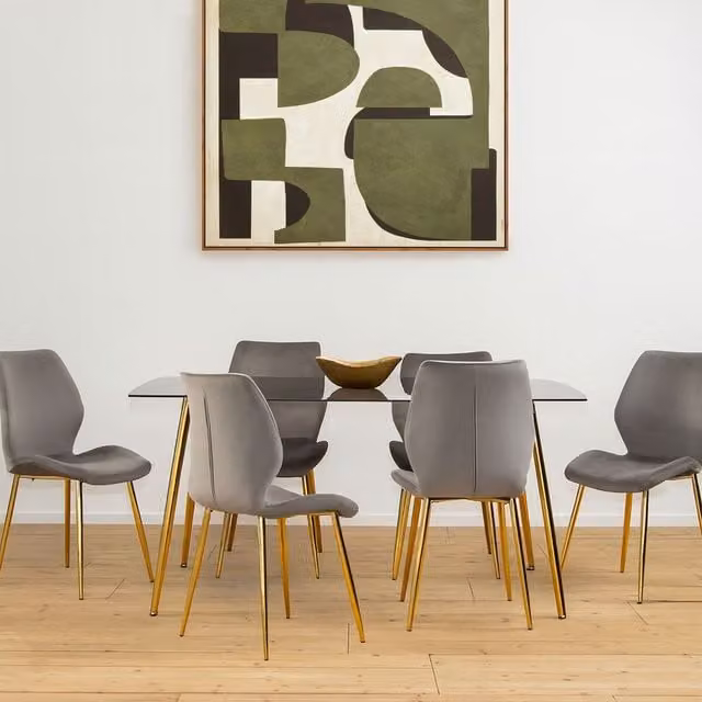 Orsina Contemporary Grey and Gold Rectangular Dining Set with Glass Table and Upholstered Chairs, W/D/H: 160 x 90 x 76 cm