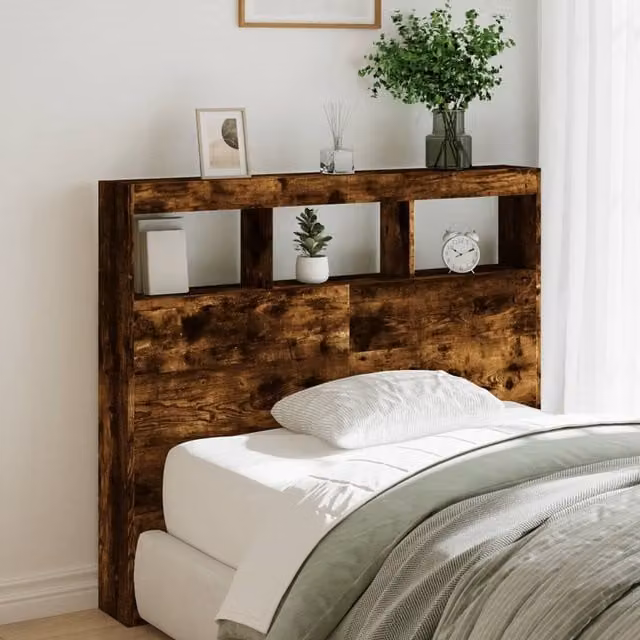 Berkfield Home Modern Smoked Oak Headboard Cabinet with LED Lighting and USB Charging Port, Brown, W/D/H: 120 x 17 x 102 cm – 1