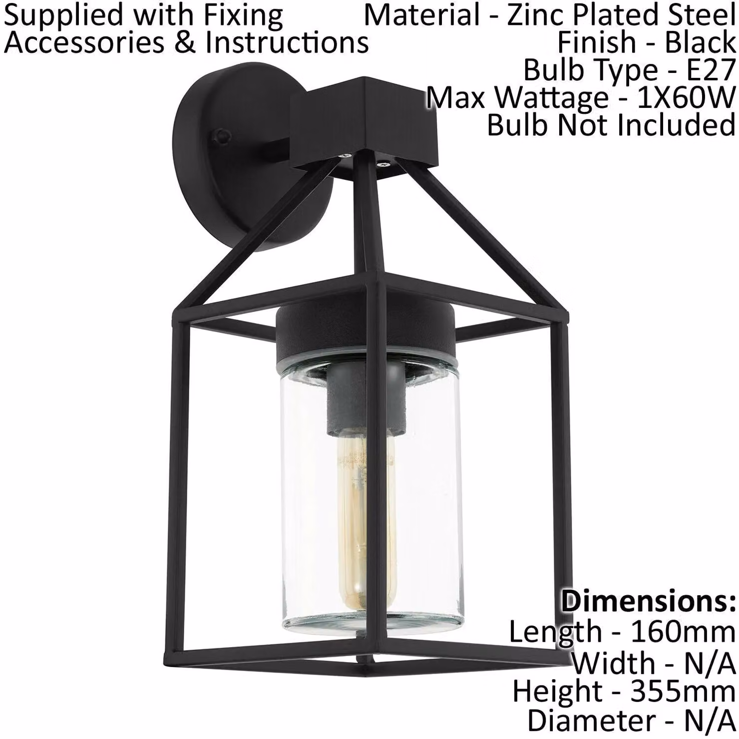 Loops 2 Pack Black IP44 Outdoor Wall Light with Square Transparent Glass Shade and E27 Socket – 2