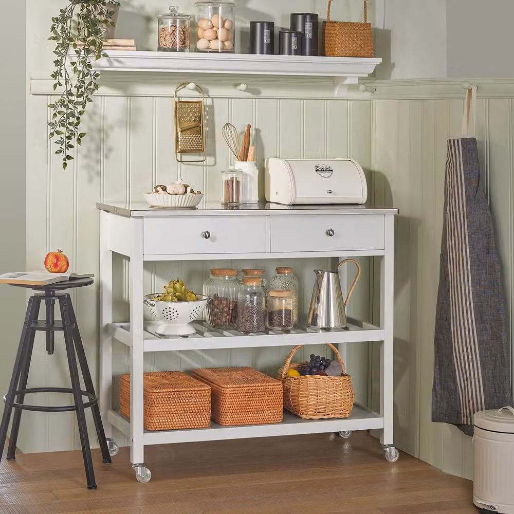 SoBuy Modern Kitchen Trolley with Stainless Steel Top in White – 2
