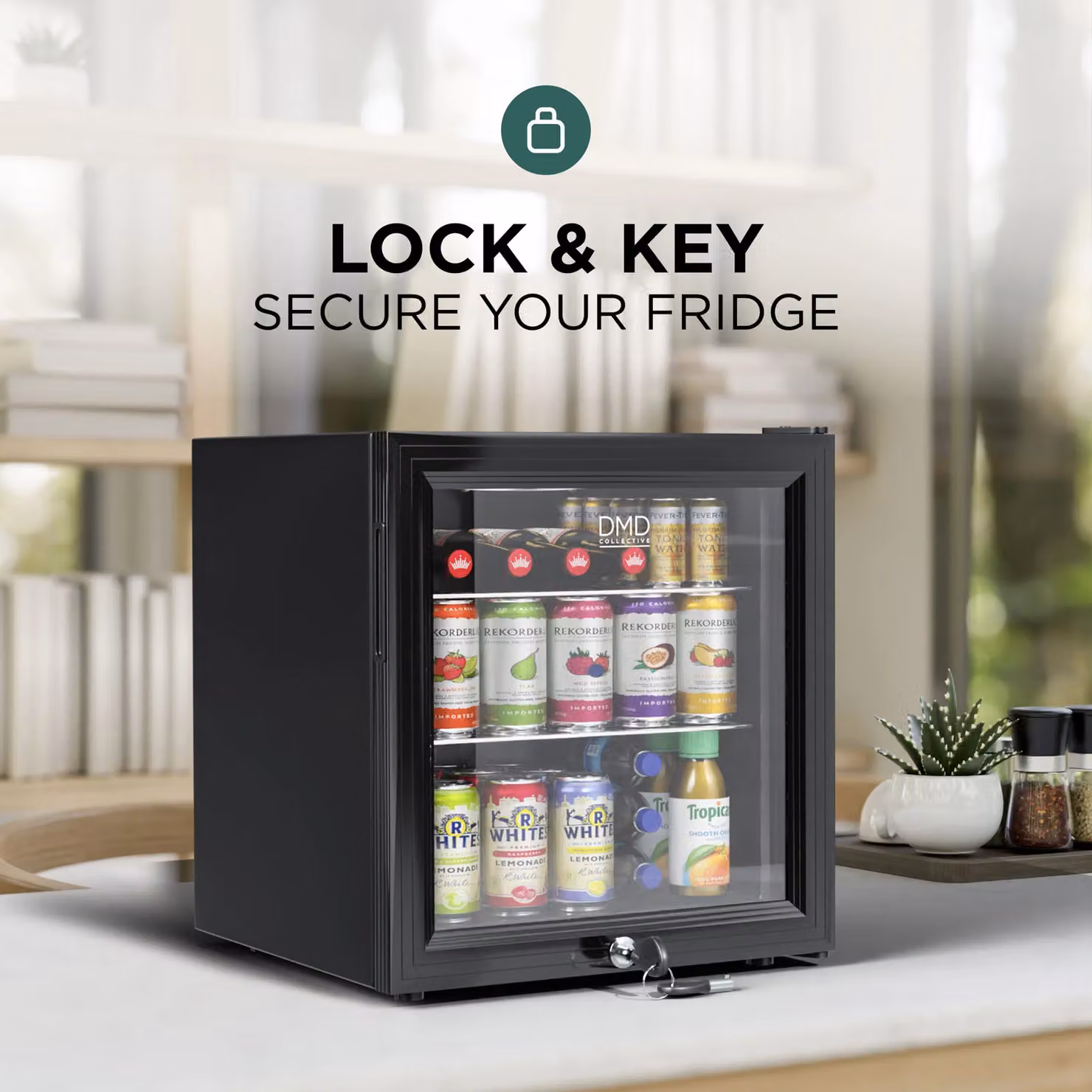 DMD Collective 50L Black Glass Countertop Mini Fridge with LED Interior Light and Lockable Door – 5