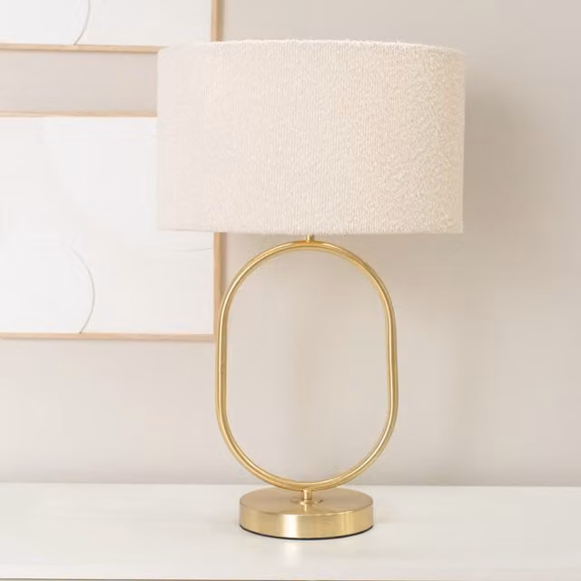 Antonia Brushed Gold Oval Table Lamp with Beige Boucle Drum Shade