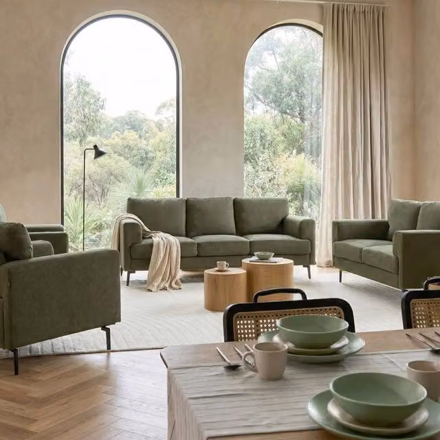 Wyld Haus Mid Century Green Fabric Living Room Set with 3 Seater Sofa, 2 Seater Sofa, 2 Armchairs and Scatter Cushions – 1