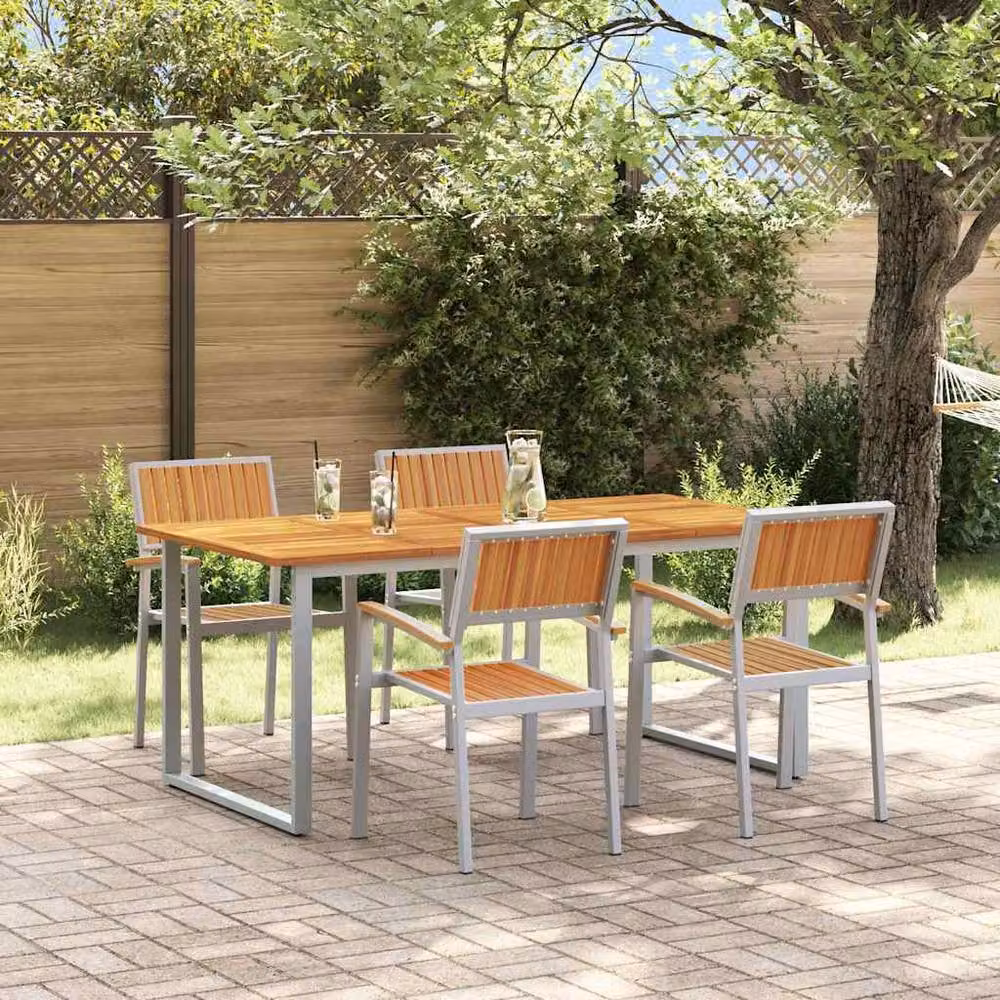 Berkfield Home Modern 5 Piece Grey Garden Dining Set with Acacia Wood and Powder Coated Aluminium – 2