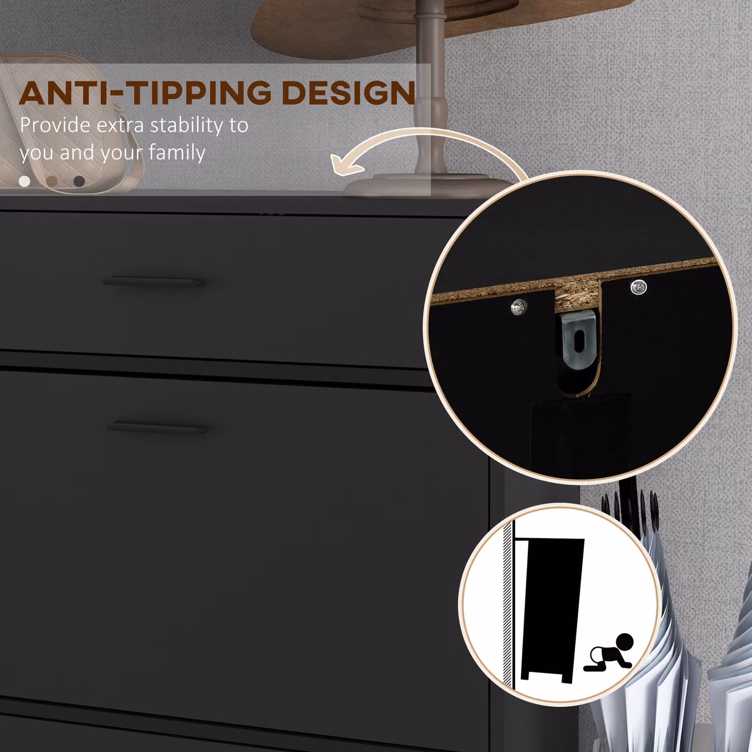 HOMCOM Black 3 Drawer Shoe Cabinet with Tilting Compartments and Internal Shelves for 12 Pairs of Shoes, H: 110 cm, W: 75 cm, D: 25 cm – 6