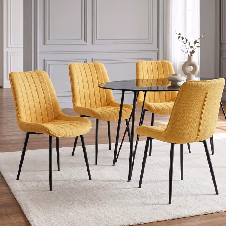 DHS Set of 4 Mustard Vertical Lining Fabric Dining Chairs with Metal Legs