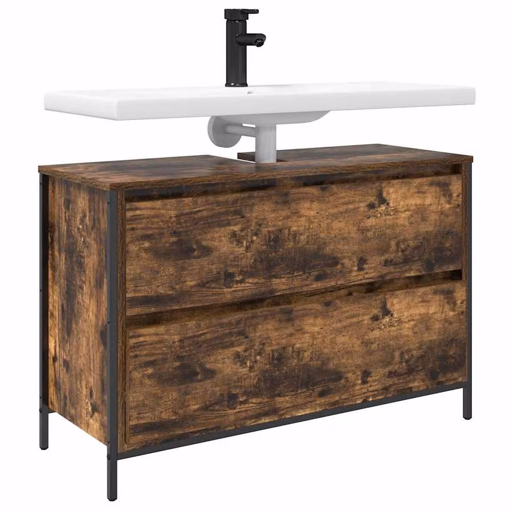Berkfield Home Bathroom Basin Cabinet with Drawers in Smoked Oak Brown, W: 90 cm, D: 34.5 cm, H: 60 cm – 3