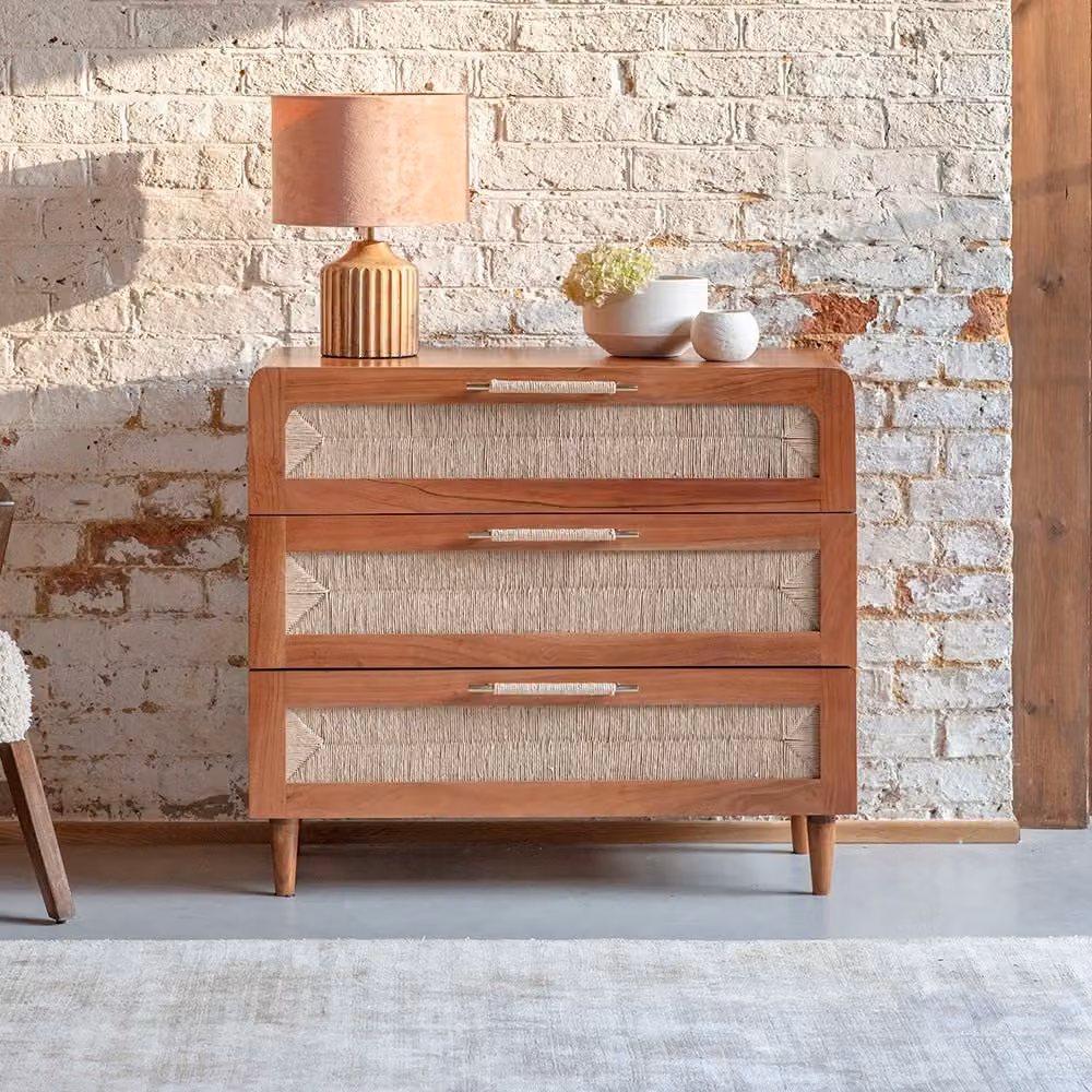 Atkin & Thyme Maya Chest Of Drawers in Brown Acacia Wood and Rattan