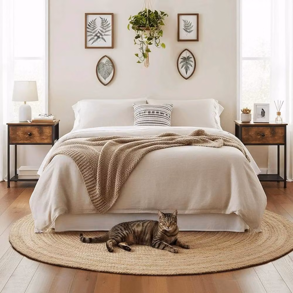 FORGEVIO Set of 2 Brown Industrial Bedside Tables with Fabric Drawers – 3