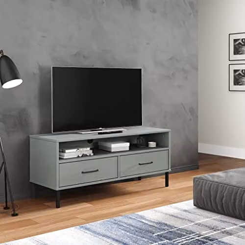 vidaXL OSLO TV Cabinet in Grey Solid Pine Wood with Metal Legs, W: 106.0 cm, H: 46.5 cm, D: 40.0 cm – 2