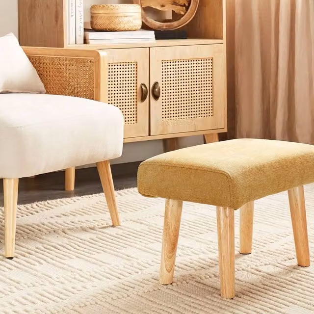 Wyld and Coco Retro Yellow Footstool with Polyester Upholstery and Oak Legs – 1