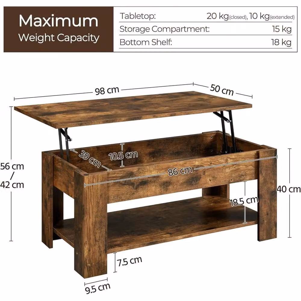 FORGEVIO Wooden Lift Top Coffee Table with Hidden Storage Drawer and Open Compartment in Brown – 2