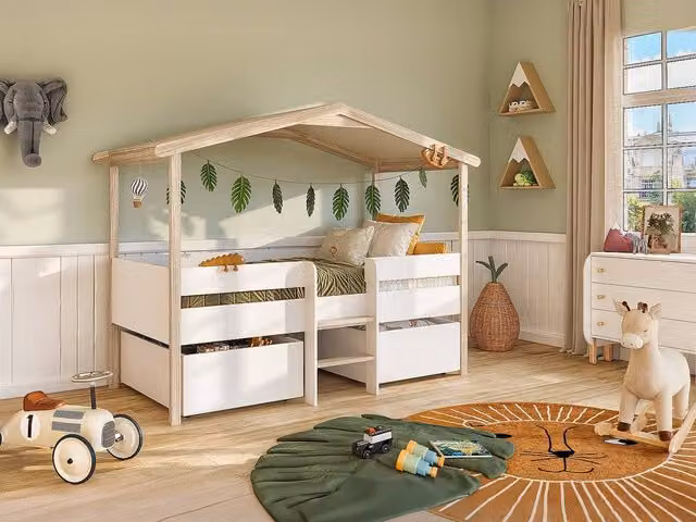 Vente-unique Hut Bed with Drawers in White and Light Oak, W/D/H: 90 x 190 cm