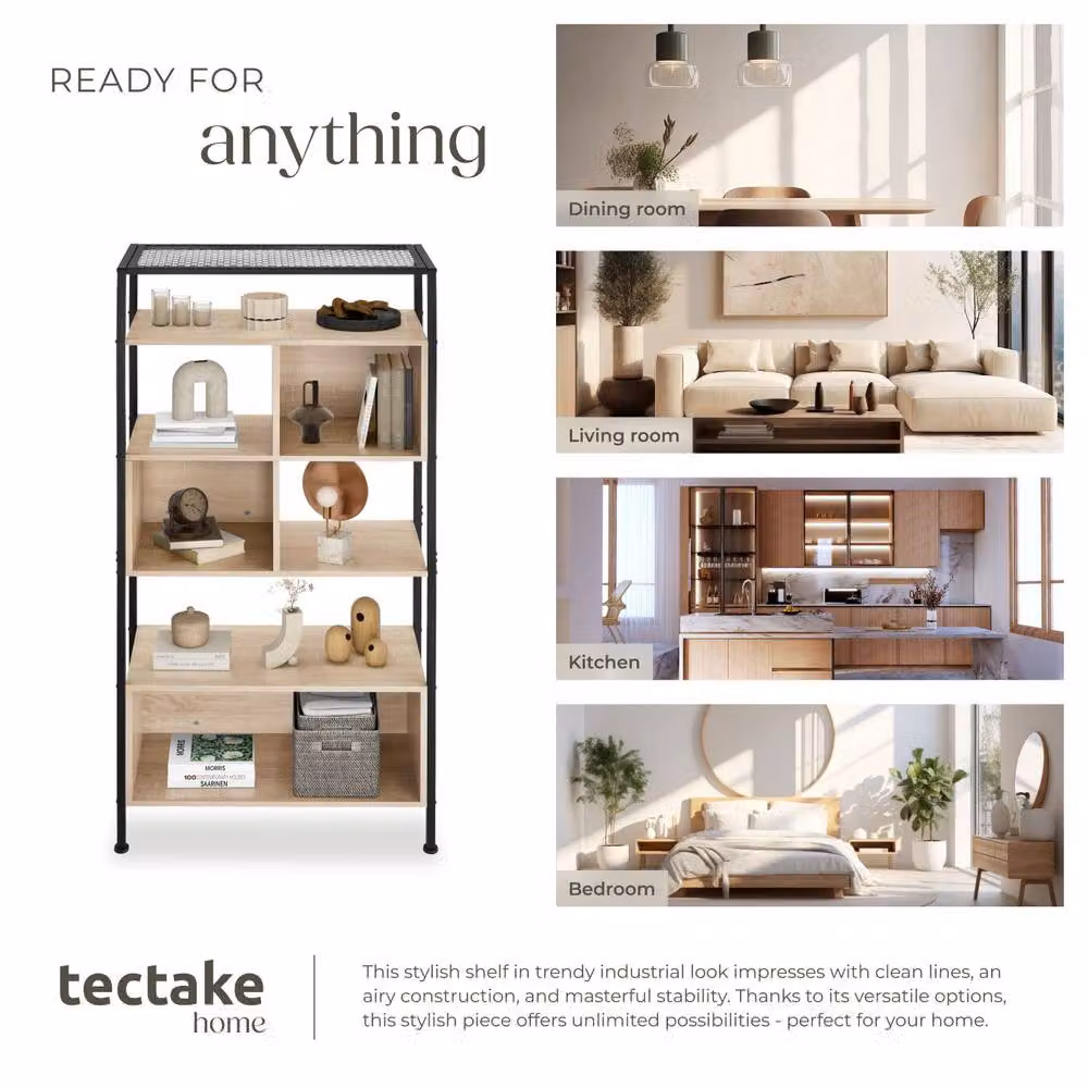 tectake Hastings Free Standing Shelf with 5 Tiers and 3 Storage Compartments in Light Brown – 6
