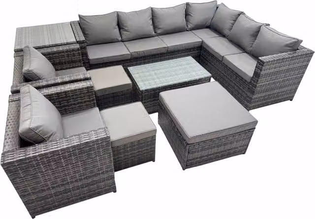 Fimous 11-Seat L-Shaped Rattan Patio Sofa Set with Tempered Glass Coffee Table and Ottoman in Dark Grey