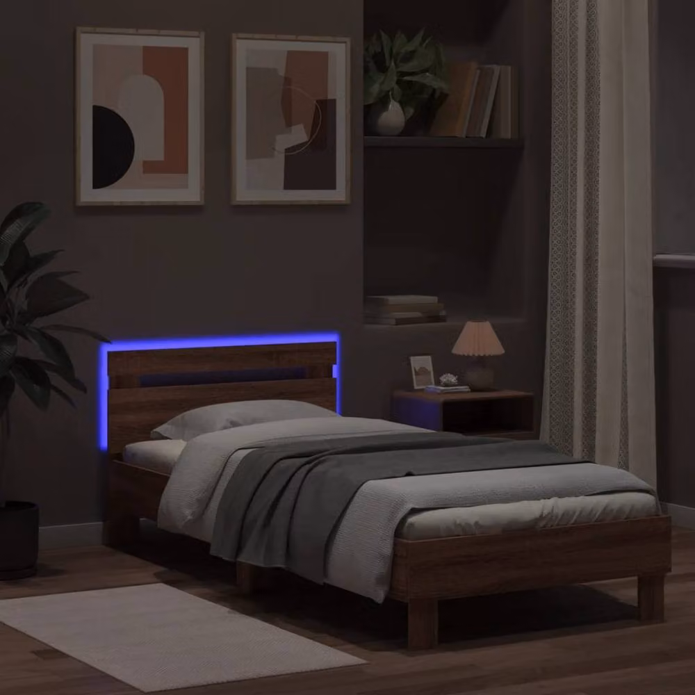 Berkfield Home Modern Bed Frame with LED Lights and USB Charging Port in Brown Oak, W/D/H: 90 x 200 cm – 4