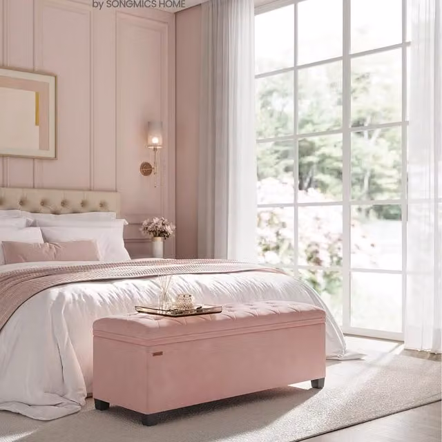 SONGMICS Pink Velvet Storage Ottoman Bench with Legs, W/D/H: 110 x 40 x 40 cm