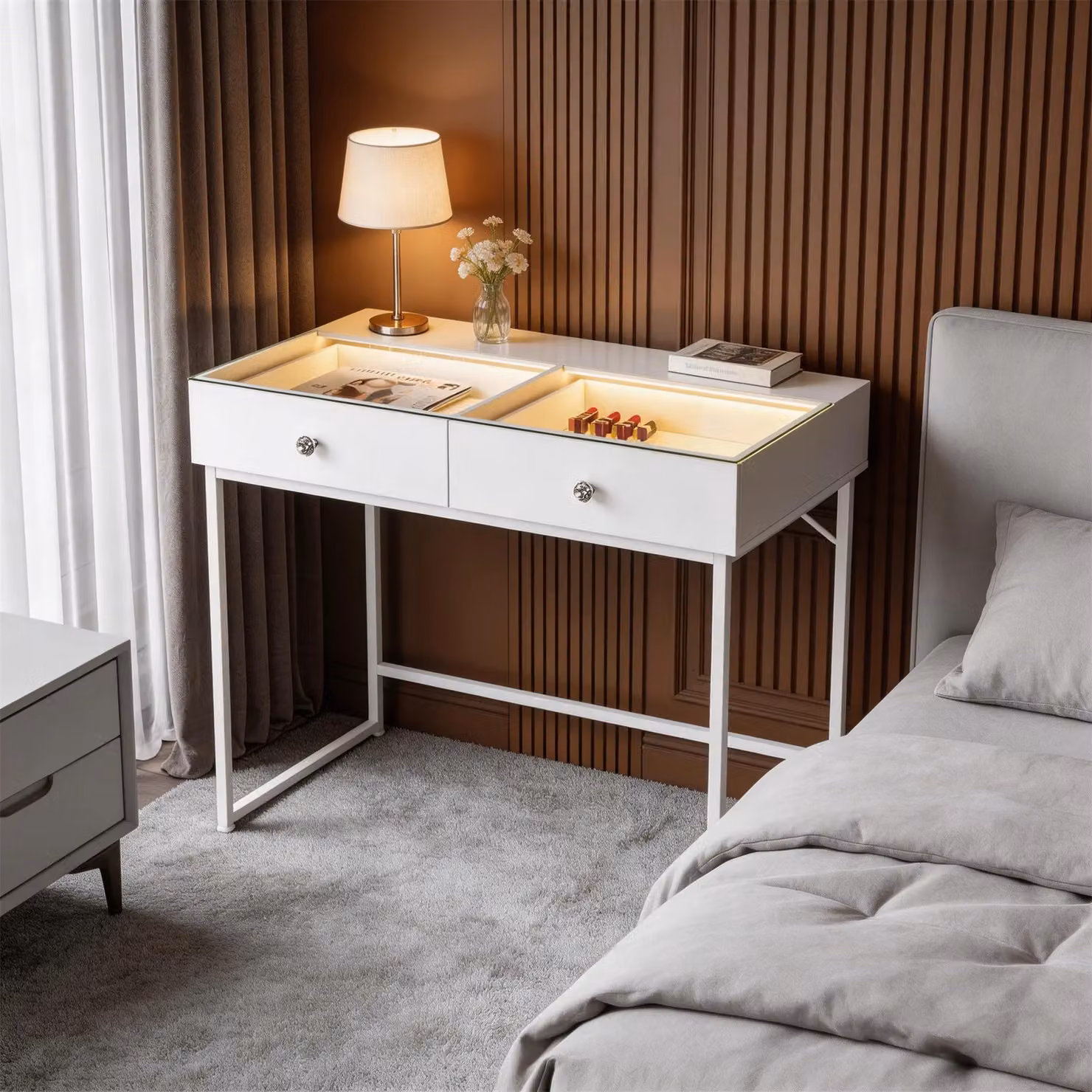 FENCHILIN 2-Drawer Vanity Dressing Table with LED Lights, White, W/D/H: 100 x 55 x 81 cm – 2