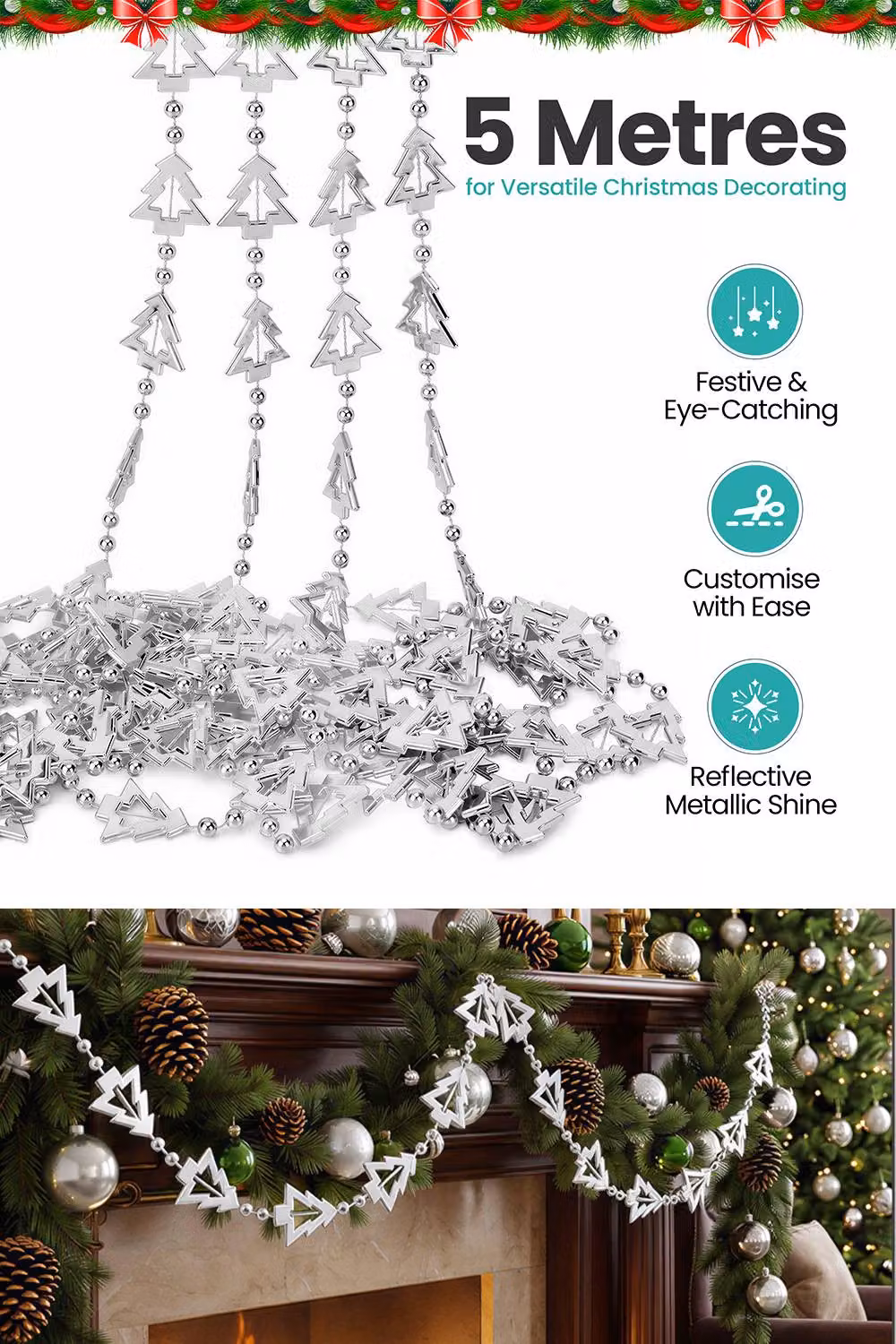 Neel Blue 5m Silver Metallic Christmas Tree Bead Garland Hanging Chain – 2