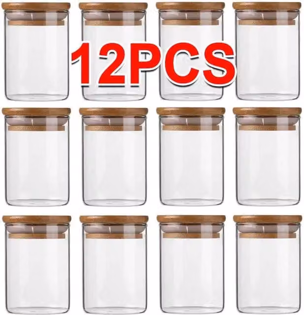 Kelvenix 12 Piece Glass Spice Jar Set with Bamboo Lids in Transparent