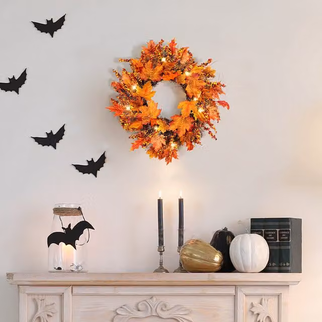Kidkid Orange Autumn Twig Rattan Wreath with Lights and Berries