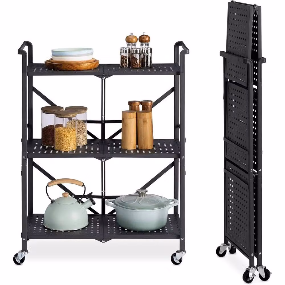 FLAVORA Slim 3-Tier Rolling Kitchen Storage Trolley with Handle and Wheels, Black – 4