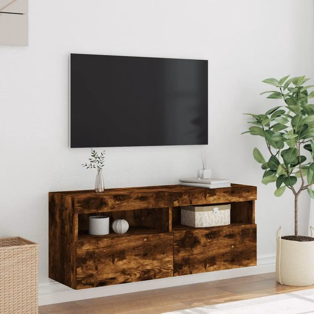Berkfield Home Modern Wall Mounted TV Cabinet with Integrated LED Lights in Smoked Oak Brown, W/D/H: 100 x 40 x 30 cm – 4