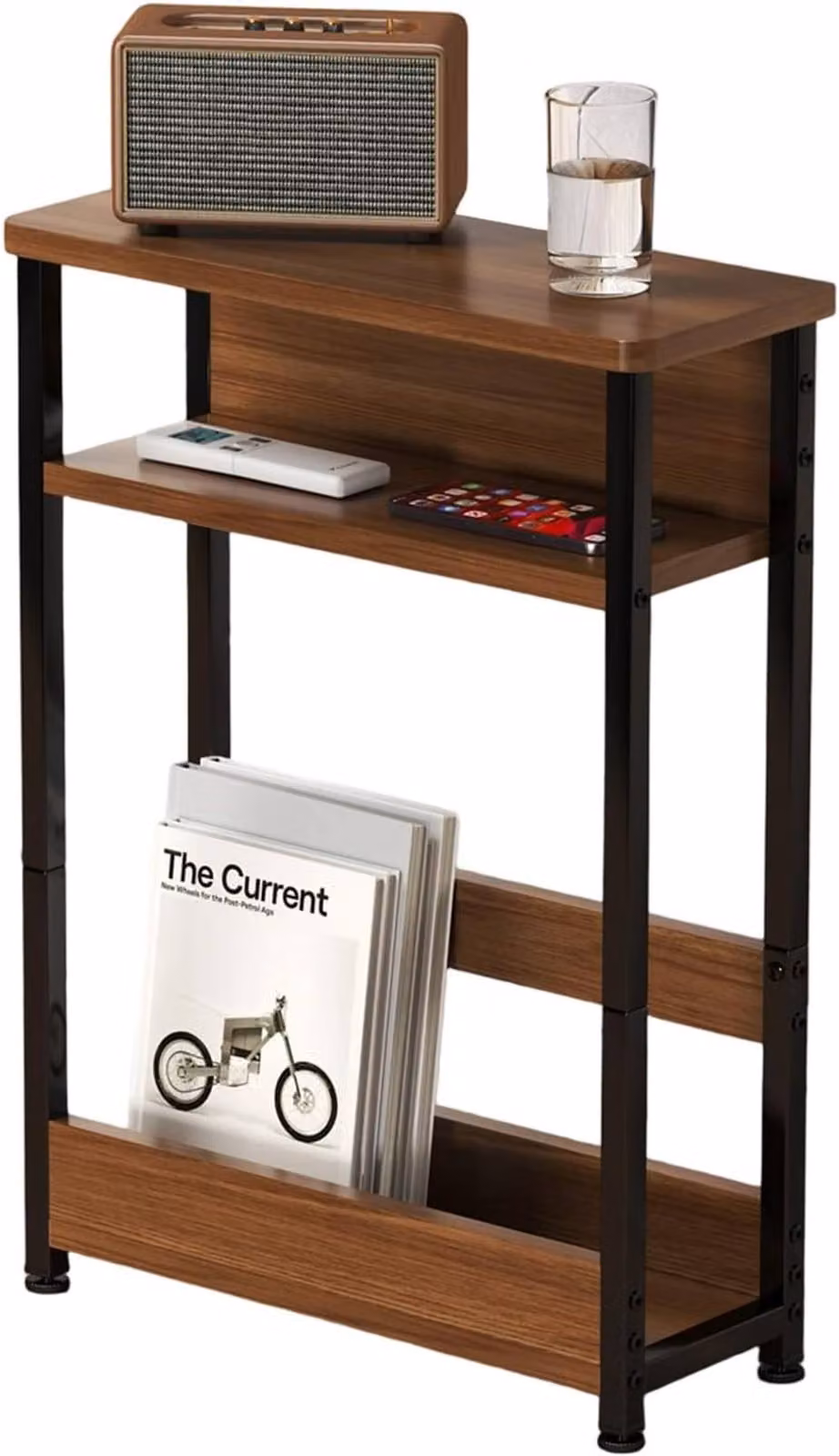 London Boutique 3-Tier Narrow Side Table with Magazine Rack in Walnut and Black – 2