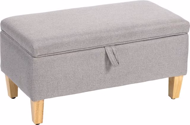 HOMCOM 30L Linen Storage Ottoman in Light Grey with Rubberwood Legs and Removable Padded Top – 1