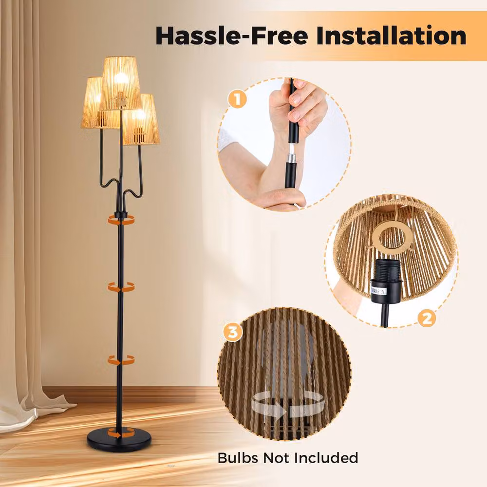 Gymax Farmhouse Tree Floor Lamp with 3 Boho Paper Woven Lampshades, Black – 7