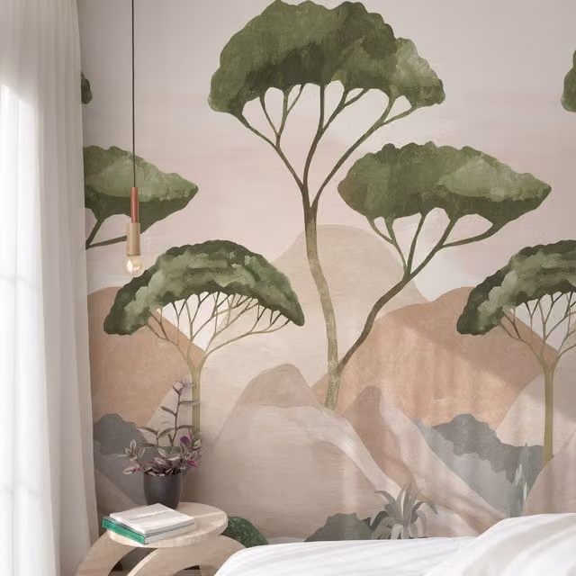 Grandeco Ovledo Mountain Trees 3 Lane Repeatable Wallpaper Mural in Pink