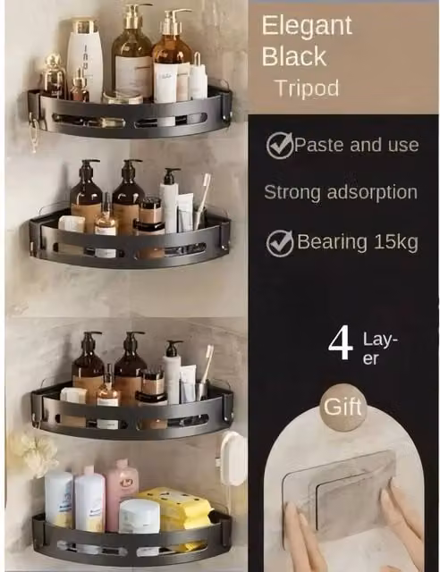NESTLUNE 4-Piece Black Metal Suction Shower Caddy Bathroom Storage Shelves