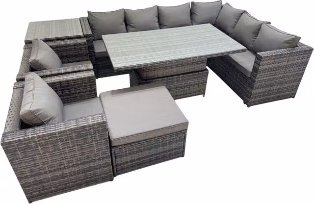 Fimous 9-Seater PE Rattan Corner Sofa Set with Height-Adjustable Rising Table in Dark Grey Mixed