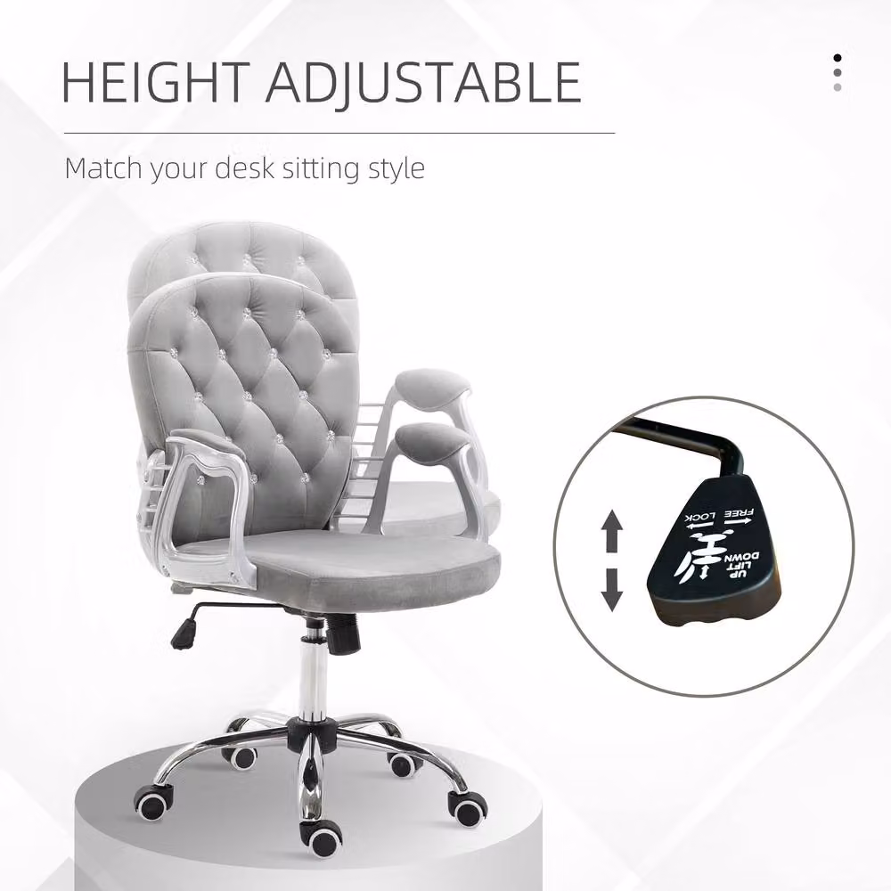 Rolipo Grey Velvet Swivel Task Chair with Adjustable Height and Armrests – 3