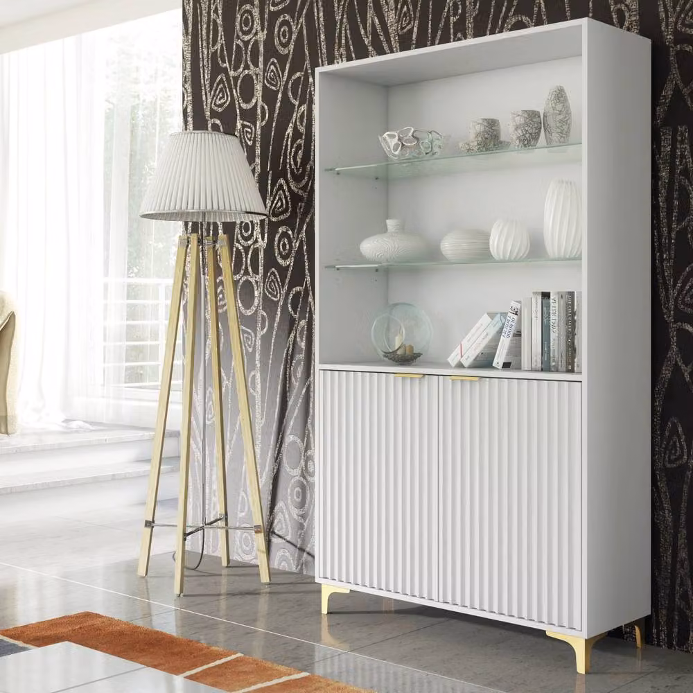 Creative Furniture Tide Crest Display Cabinet in White and Gold with Fluted Glass Doors, H 175 cm x W 100 cm x D 35 cm – 4