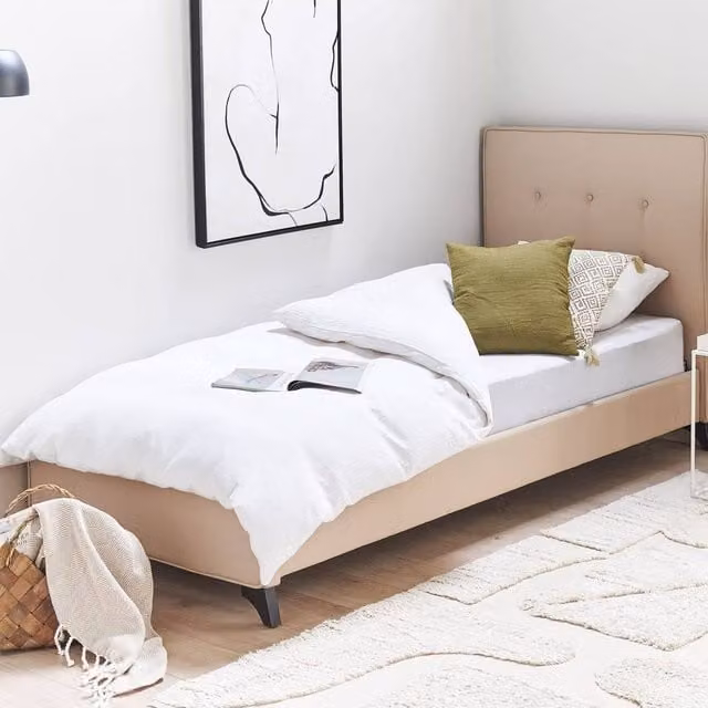 Wyld and Coco Scandi Single Bed in Beige Fabric with Rubberwood Legs