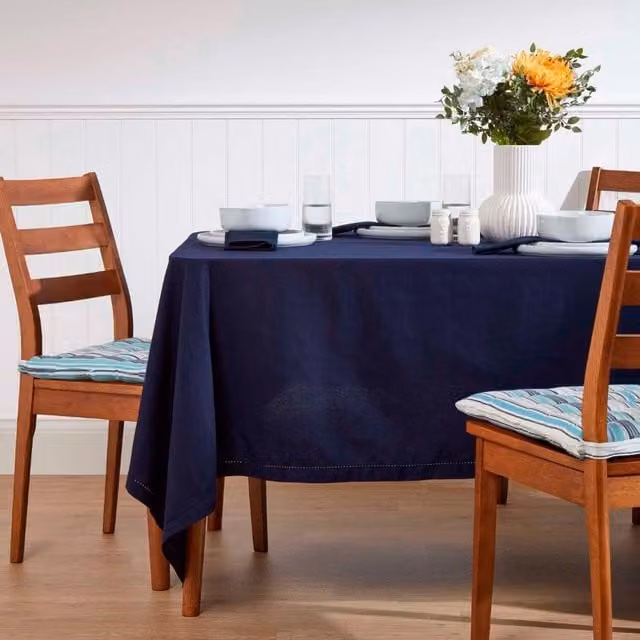 Homescapes Plain Blue Cotton Rectangular Tablecloth, W/D: 70.0 x 177.8 cm