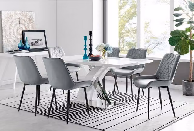 FurnitureboxUK Atlanta 6 White Dining Table and 6 Pesaro Black Leg Chairs in Grey