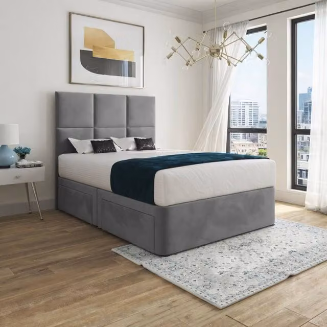 Casani Goostrey Grey Upholstered Designer Divan Bed Frame with Floorstanding Headboard and Drawers, W/D/H: 140 x 200 cm – 1