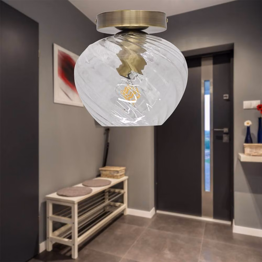 First Choice Lighting Bradson Antique Brass Ceiling Light Fitting with Transparent Swirl Glass – 2