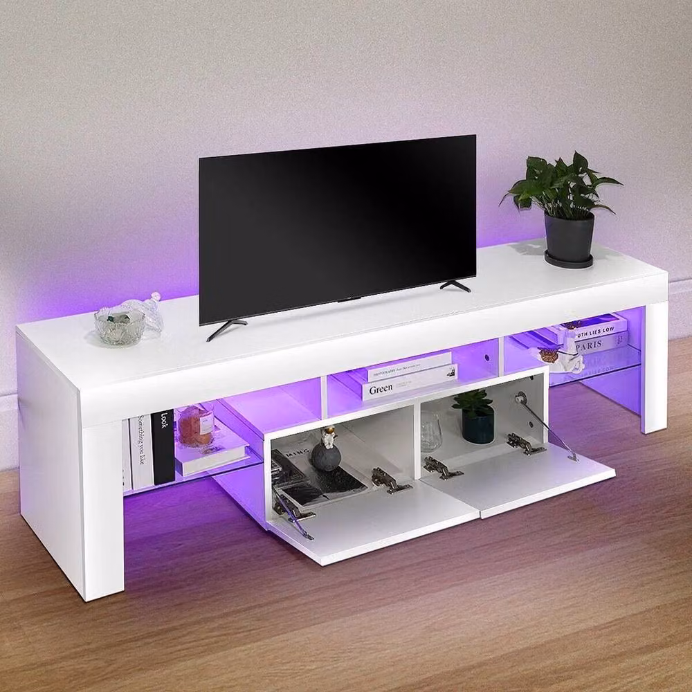 EONLION Modern White Glossy TV Unit Cabinet with Integrated Lighting, Width: 100 cm – 4