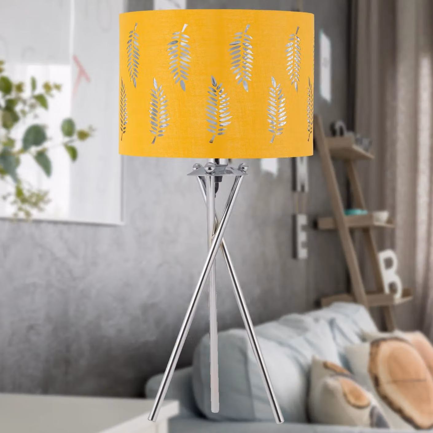 First Choice Lighting Chrome Tripod Table Lamp with Ochre Fern Cut Out Fabric Shade in Silver – 2